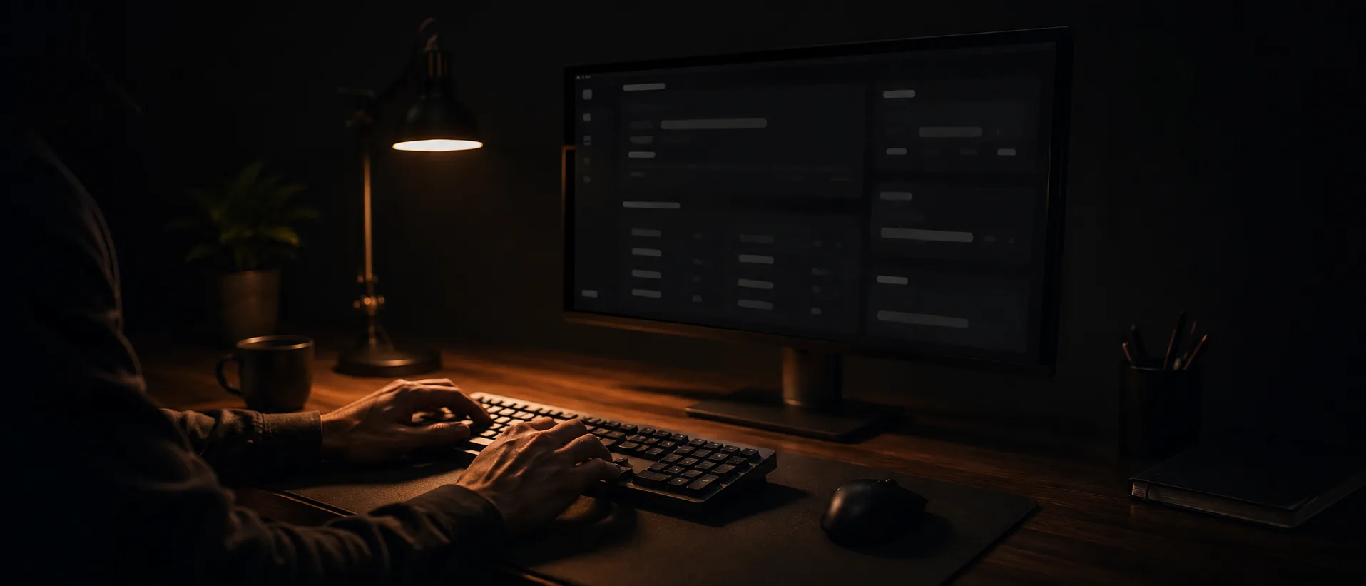 Escritorio de trabajo de noche, con una lámpara cálida encendida